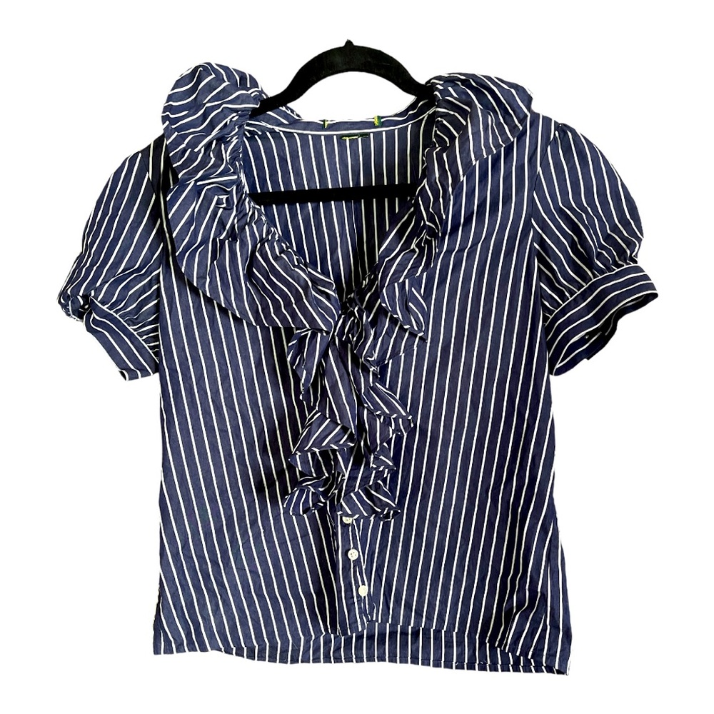 Lauren Ralph Lauren Riviera Striped‎ Button Front Poet Collar Ruffled Top Blouse